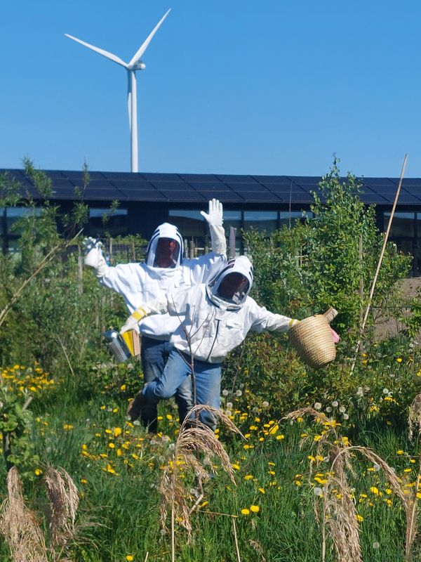 Twee Eemgod imkers springen vrolijk in een groene tuin vol gele bloemen. Op de achtergrond staat een windmolen en een gebouw met zonnepanelen (een deel van een Eemgoed longhouse).