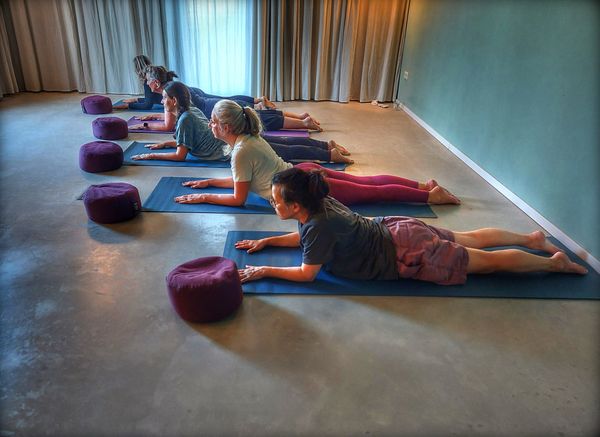 Een groep van vijf mensen ligt op blauwe yogamatten in een lichte ruimte, bezig met een yogapositie waarbij hun bovenlichaam omhoog is en hun armen gestrekt zijn. Voor hen liggen paarse yoga bolsters. Op de achtergrond zijn grote ramen met gordijnen van het Eemhuis zichtbaar.