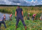 De mensen van de slootgroep die aan het werk zijn bij een waterloop, bezig met het verwijderen van riet en planten. De omgeving is weelderig en groen.